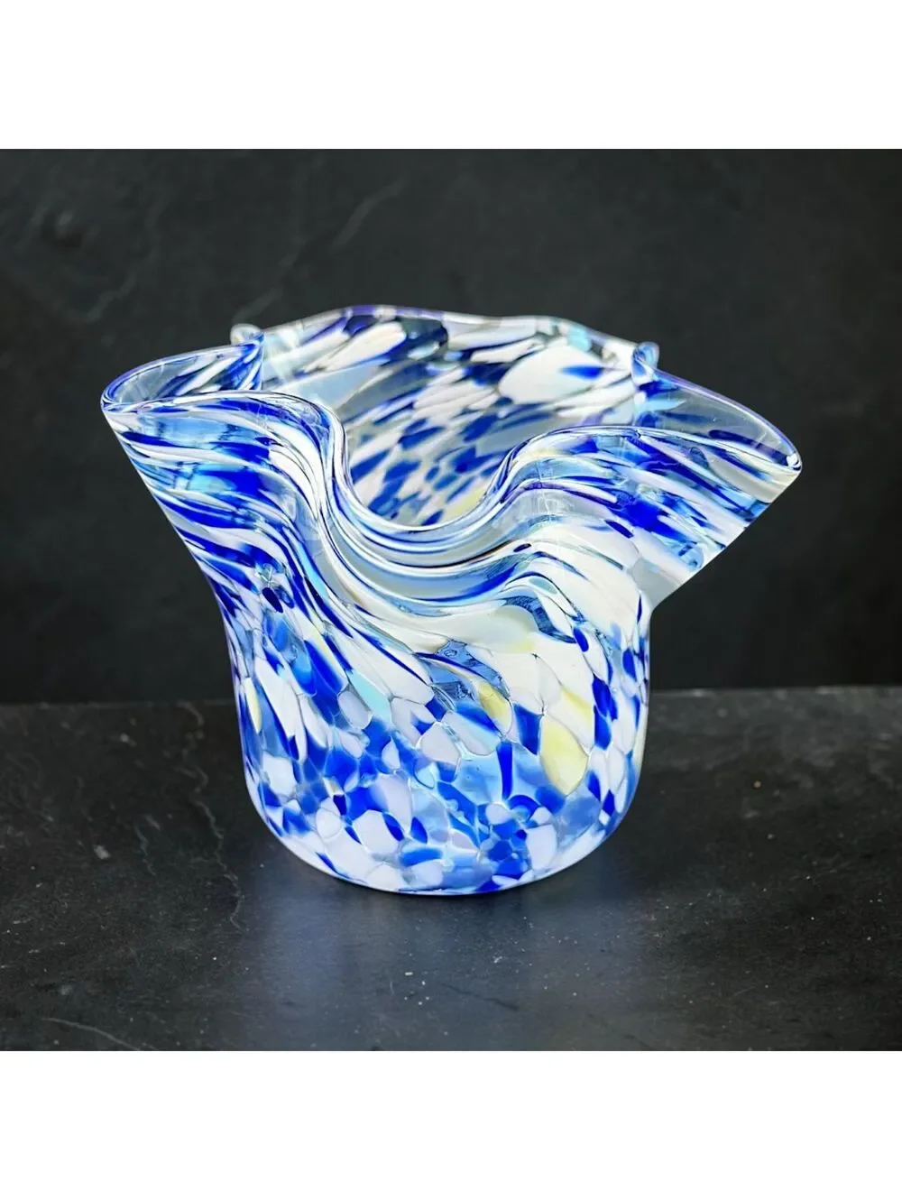 Vintage Signed Hand Blown Confetti Ruffled Art Glass Bowl Handkerchief Vase 4